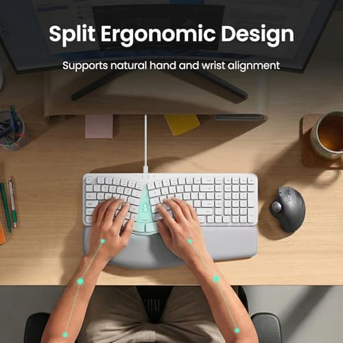 White wired ergonomic split keyboard with palm rest — photo 3